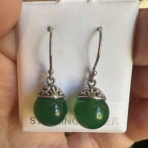 BBJ Natural Green Jade Ball Gemstone 925 Sterling Silver Drop Earrings Filigree